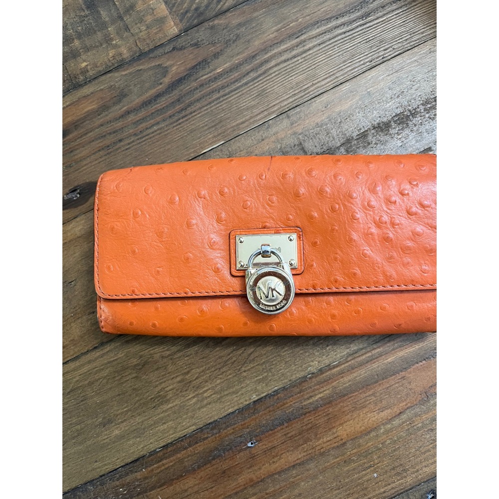 MICHAEL KORS Wallet Ostrich Embossed Leather Women OS Orange Hamilton Lock